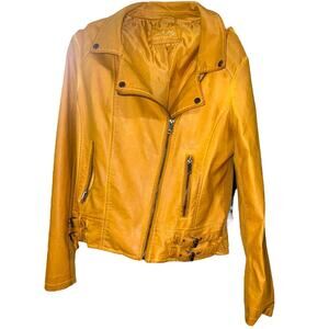 Womens Mustard Yellow Faux Leather Motorcycle Jacket-size XL